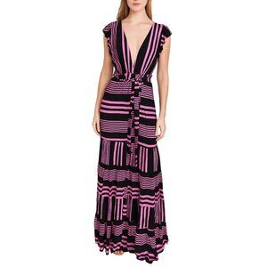 Revolve Maaji Maxi Dress Medium Stripe Pink Purple Plunge Open Back Vacation